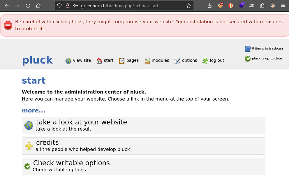 pluck admin page