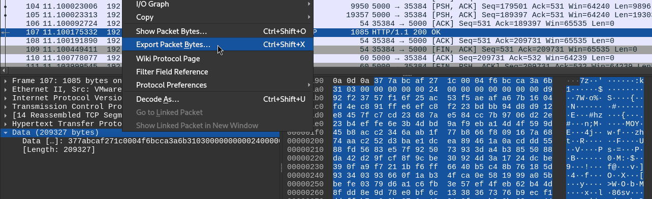 Saving response body as a file using Wireshark
