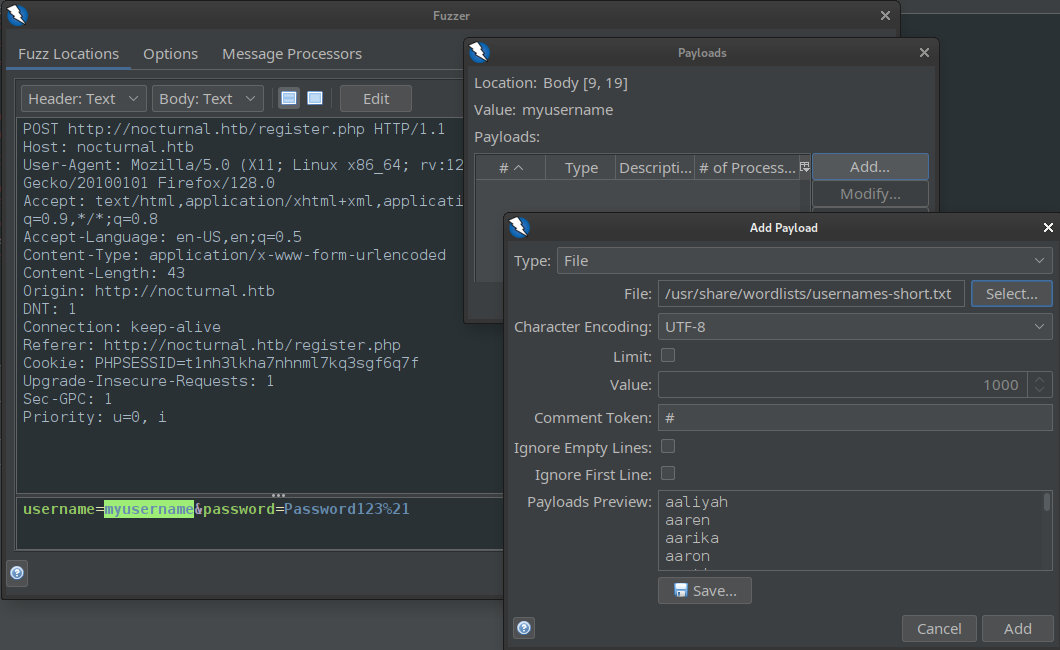 ZAP fuzz for usernames