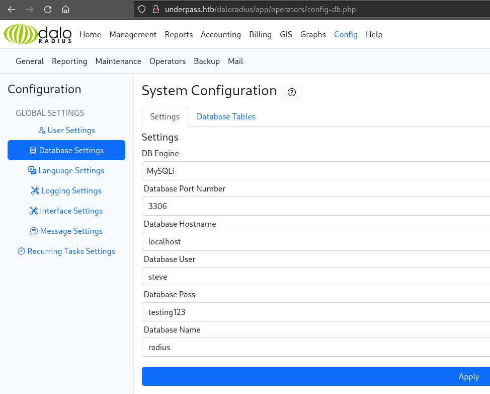 dashboard database settings